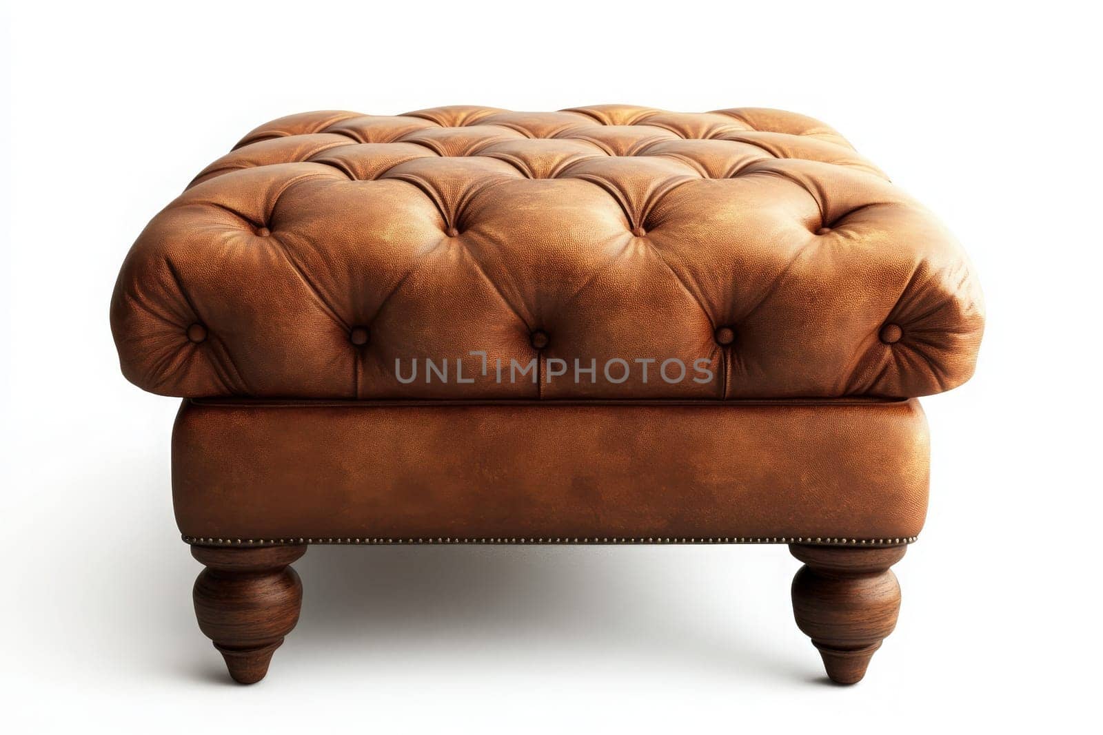 A luxurious leather ottoman sits isolated in a well-lit, minimalist space. The tufted texture and warm brown color add a touch of elegance and comfort to the environment.