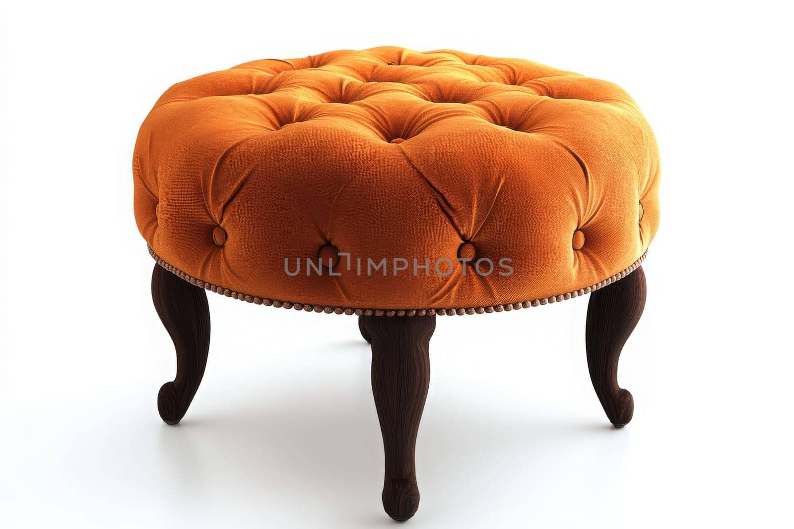 A vibrant orange round ottoman with tufted upholstery stands isolated against a clean, bright background. Its wooden legs enhance its cozy and inviting design suited for stylish interiors.