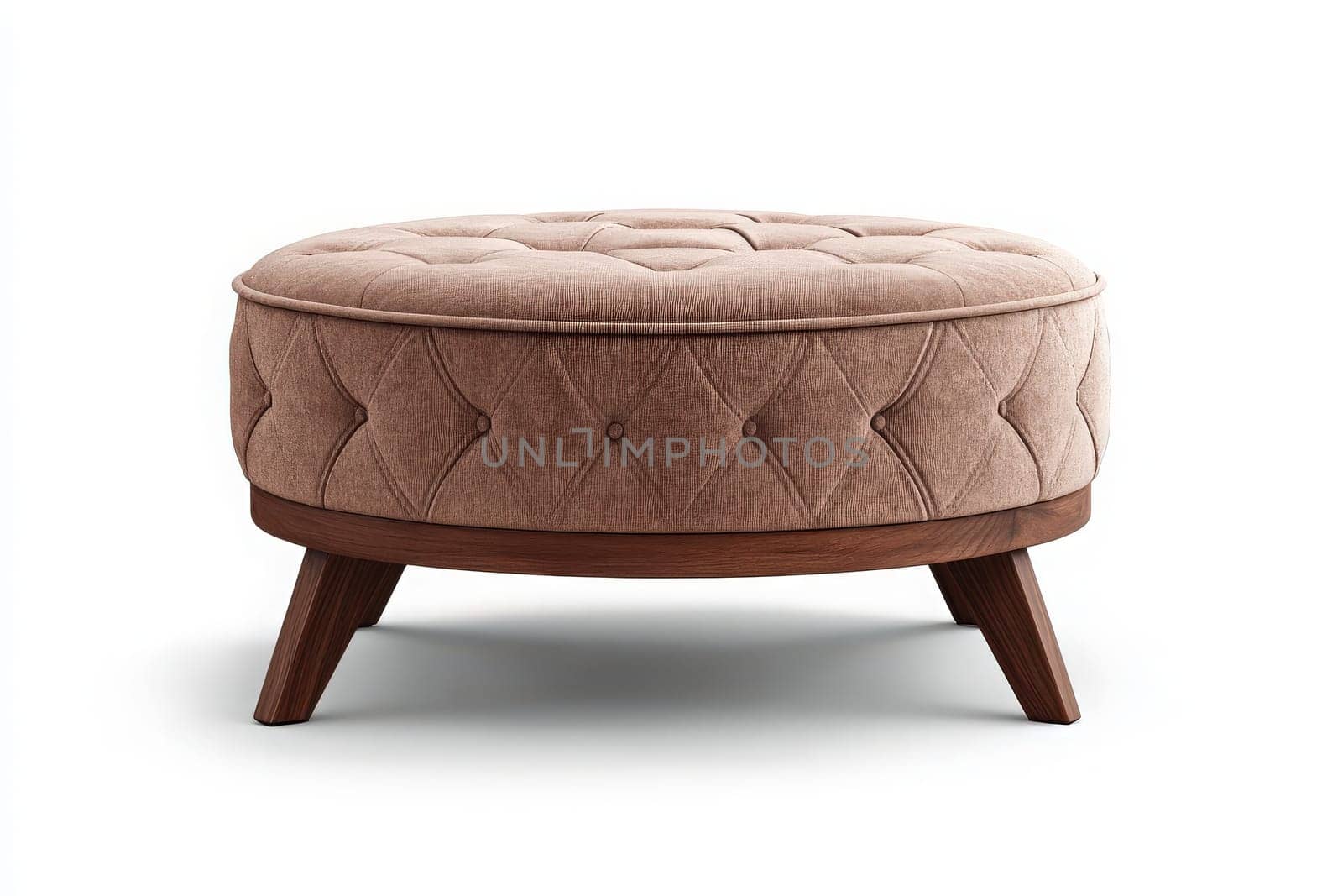 A cozy tufted ottoman with a soft texture sits prominently in the center of a modern living area, complementing the surrounding decor with its elegant design and warm colors.