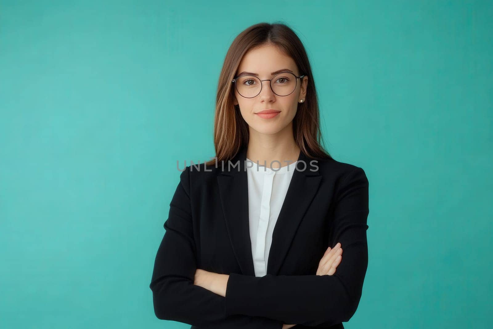 A confident consultant woman with glasses stands with her arms crossed against a solid teal background.