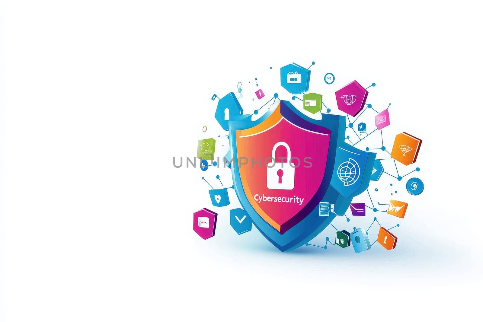 A dynamic shield features a central padlock, encircled by icons of digital security tools, highlighting the crucial role of cybersecurity in todays digital landscape.