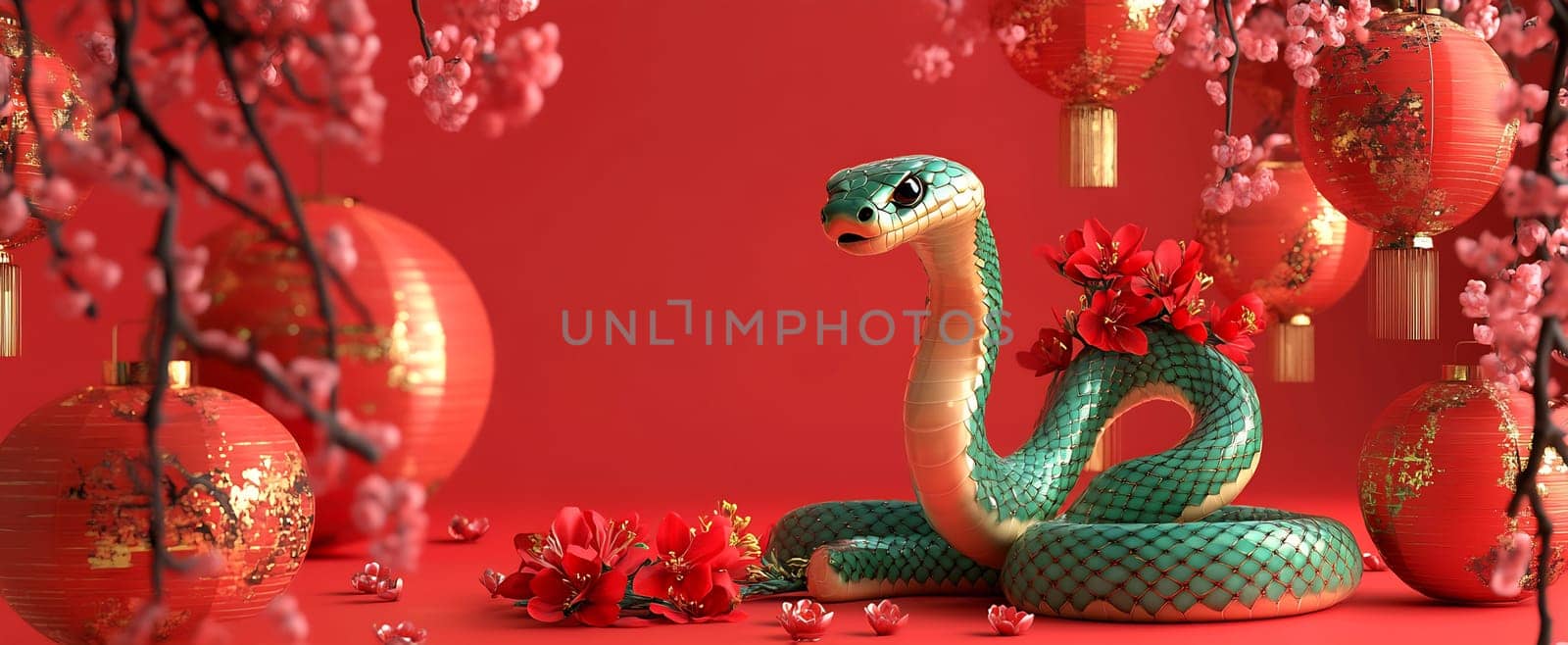 A colorful snake with floral decorations lies peacefully, surrounded by lanterns and cherry blossoms, creating a festive ambiance.