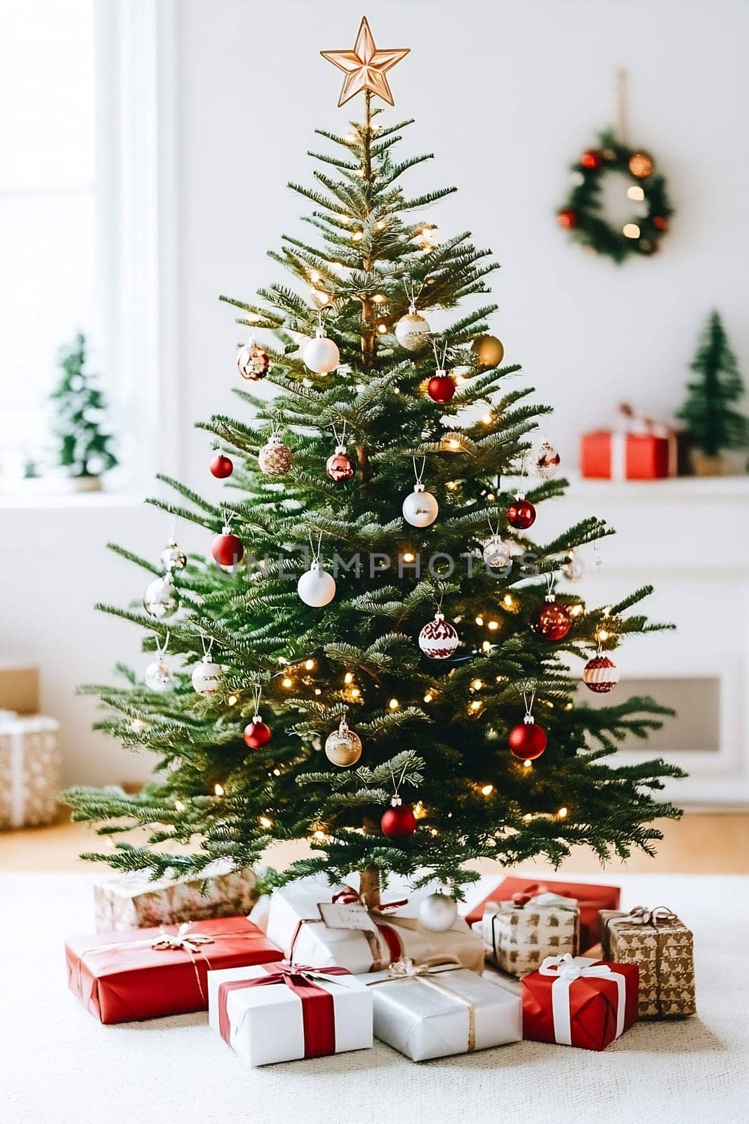 The room is filled with holiday spirit as a Christmas tree glistens with lights, ornaments, and wrapped gifts surrounding it.