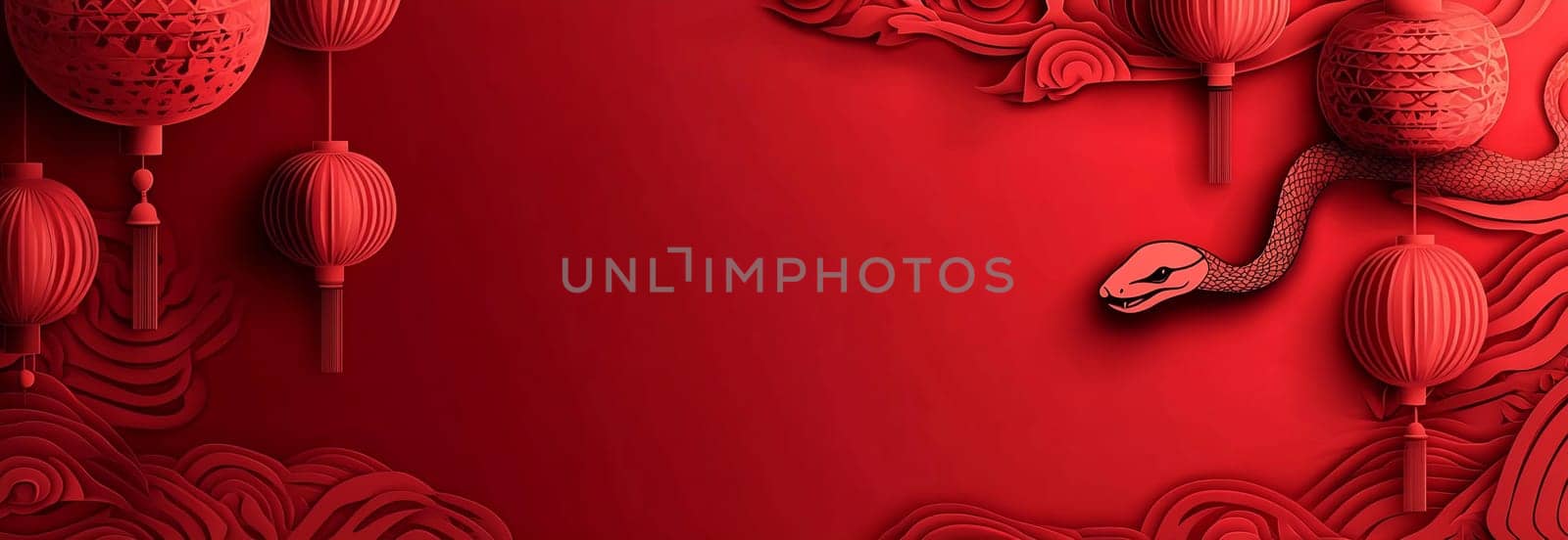 A vibrant red backdrop showcases intricately styled lanterns and a snake, symbolizing cultural heritage and celebration.
