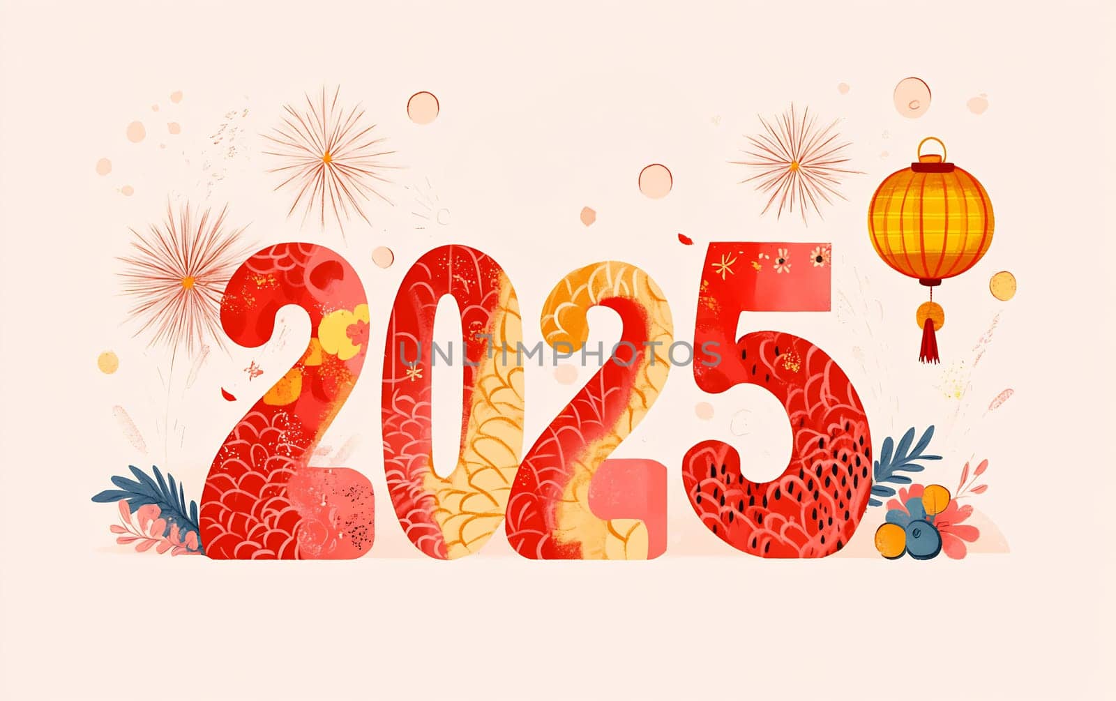 A vibrant display of the number 2025 adorned with fireworks, flowers, and a lantern, signifying a joyful New Year celebration.