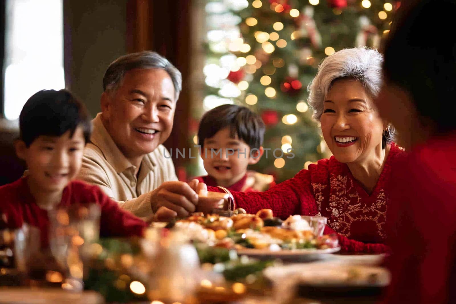 A joyful family shares a festive meal, celebrating the holiday spirit with laughter and delicious food surrounded by holiday decorations.