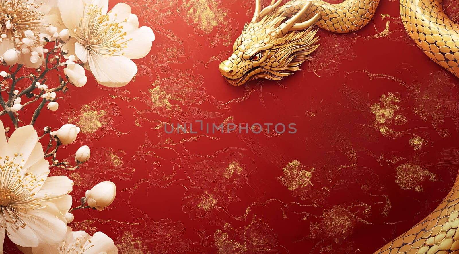 Delicate cherry blossoms and a majestic golden dragon are artistically placed on a bold red backdrop, reflecting cultural heritage.