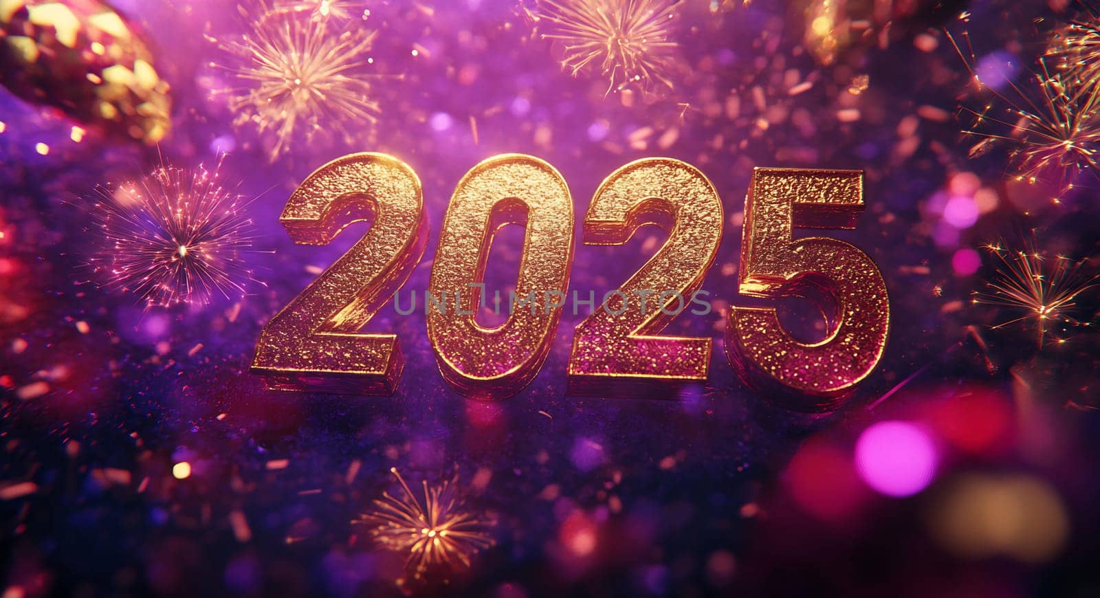 The glowing digits of 2025 shine brightly, surrounded by colorful fireworks and festive light effects, celebrating the New Year.