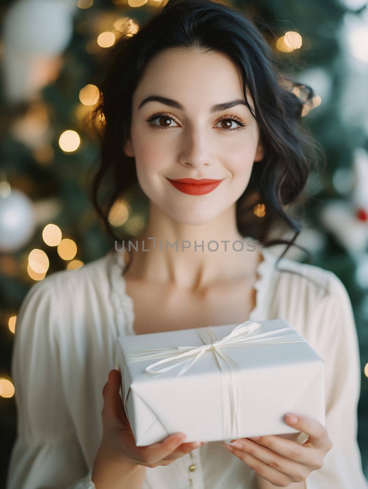 A young woman smiles while presenting a gift, surrounded by twinkling lights and festive decorations of a Christmas tree.
