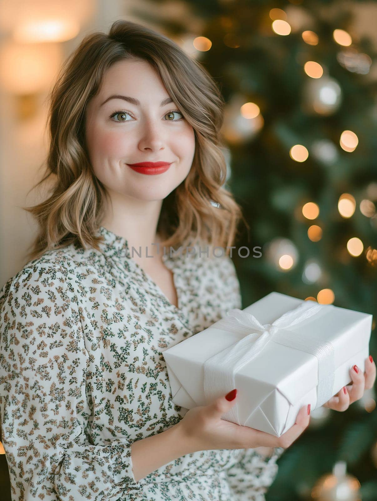 A cheerful woman with wavy hair smiles while holding a beautifully wrapped gift close to a Christmas tree adorned with lights.