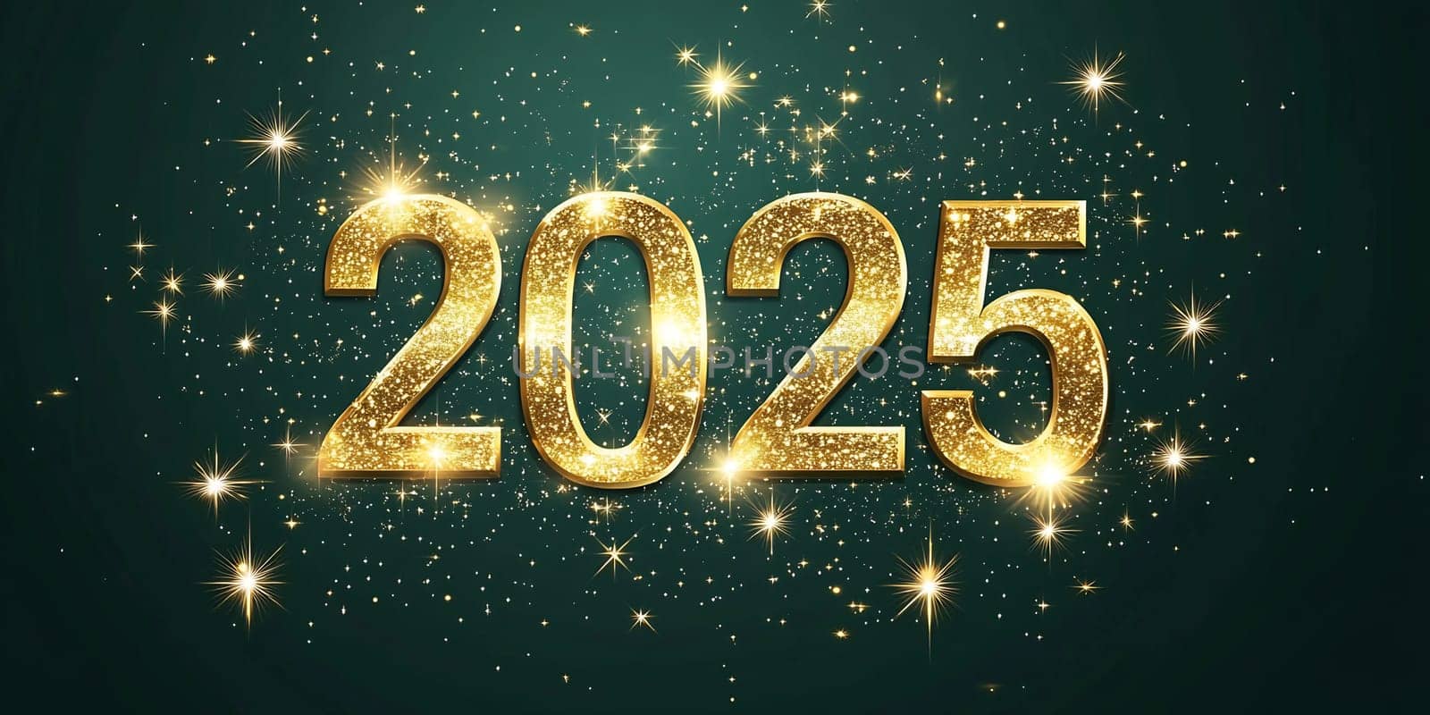 The golden numbers for 2025 shine brightly with sparkles against a dark green backdrop, symbolizing New Year festivities and hope.