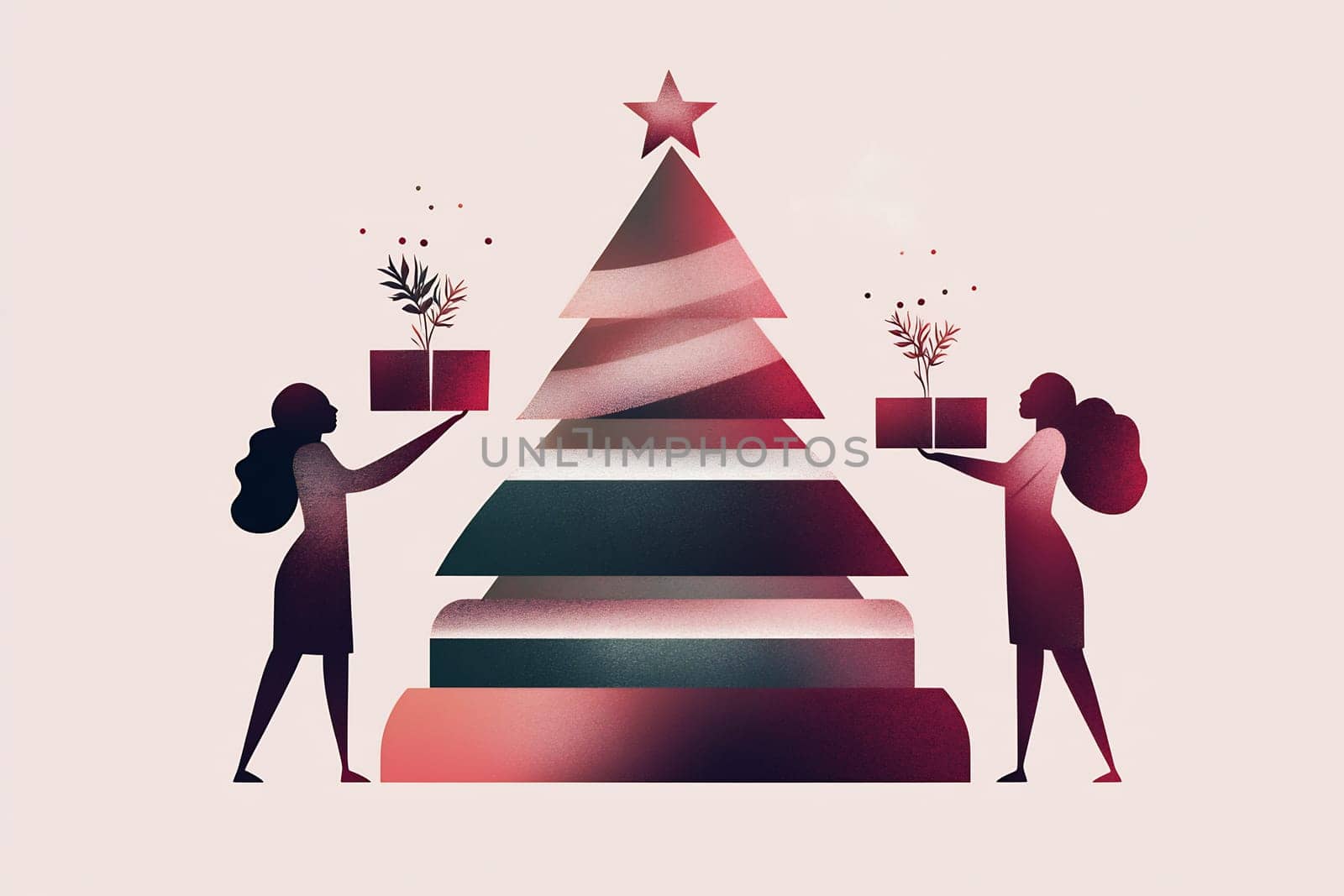 The scene captures two women joyfully holding festive gifts next to a creatively designed Christmas tree, celebrating the holiday spirit.