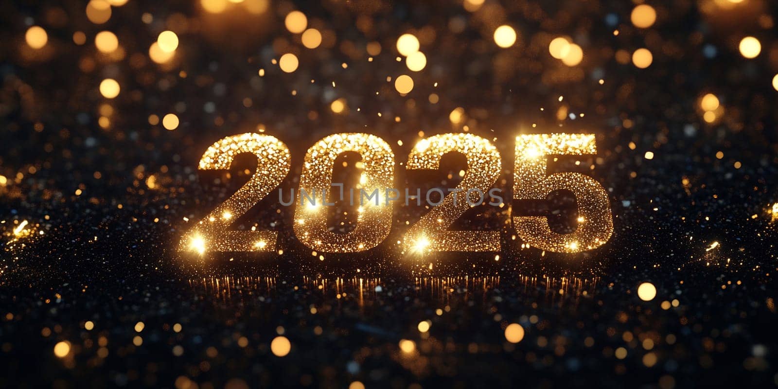 The golden digits representing 2025 are adorned with sparkling lights, creating a festive mood for the New Year celebration.