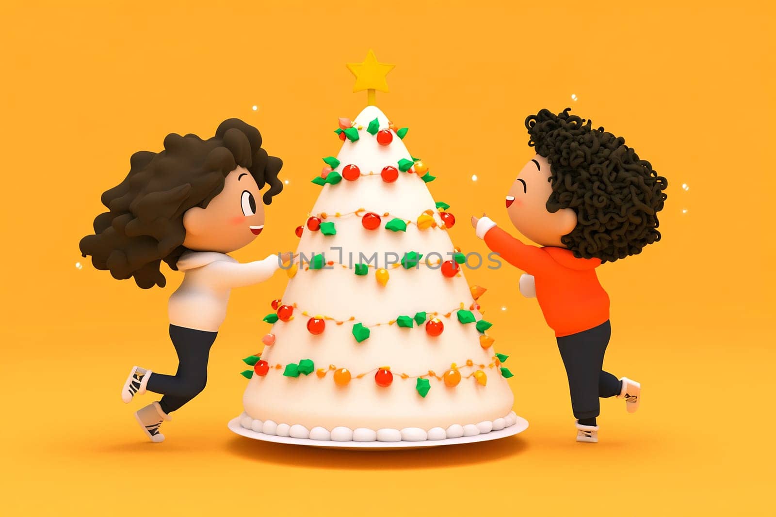 Two children happily adorn a colorful Christmas tree with ornaments and lights as they celebrate the holiday season together.