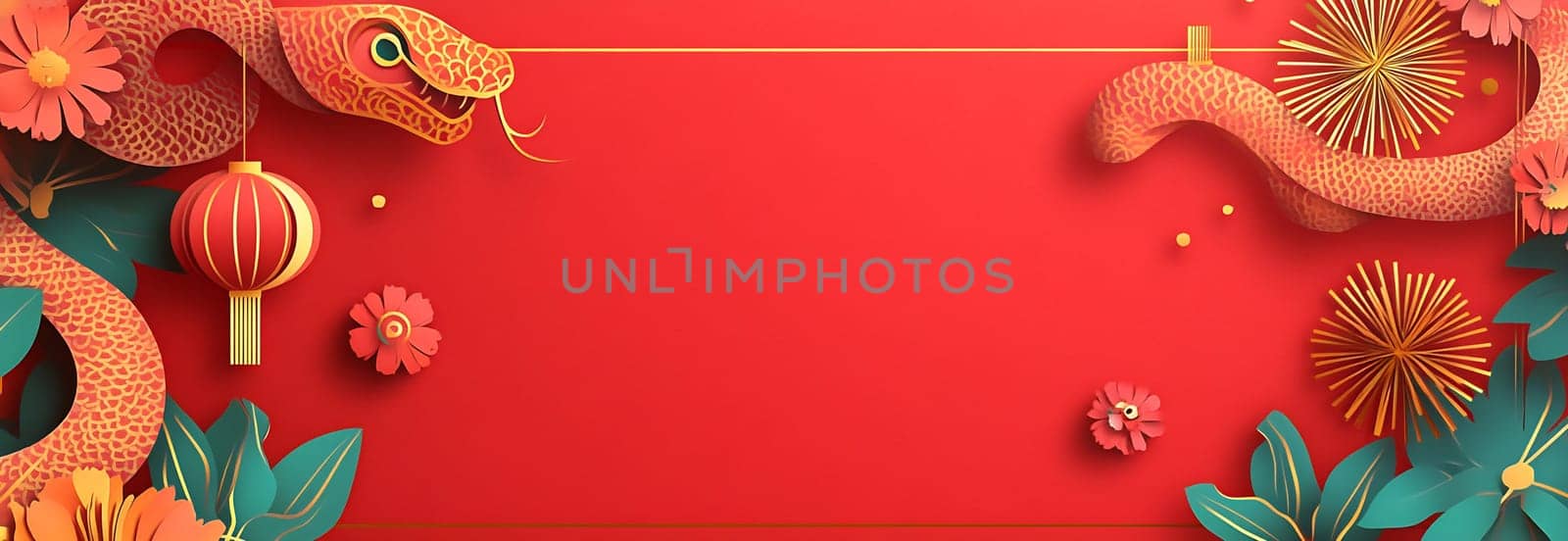 A vibrant red backdrop adorned with a detailed snake design and colorful floral decorations enhances the celebratory atmosphere.