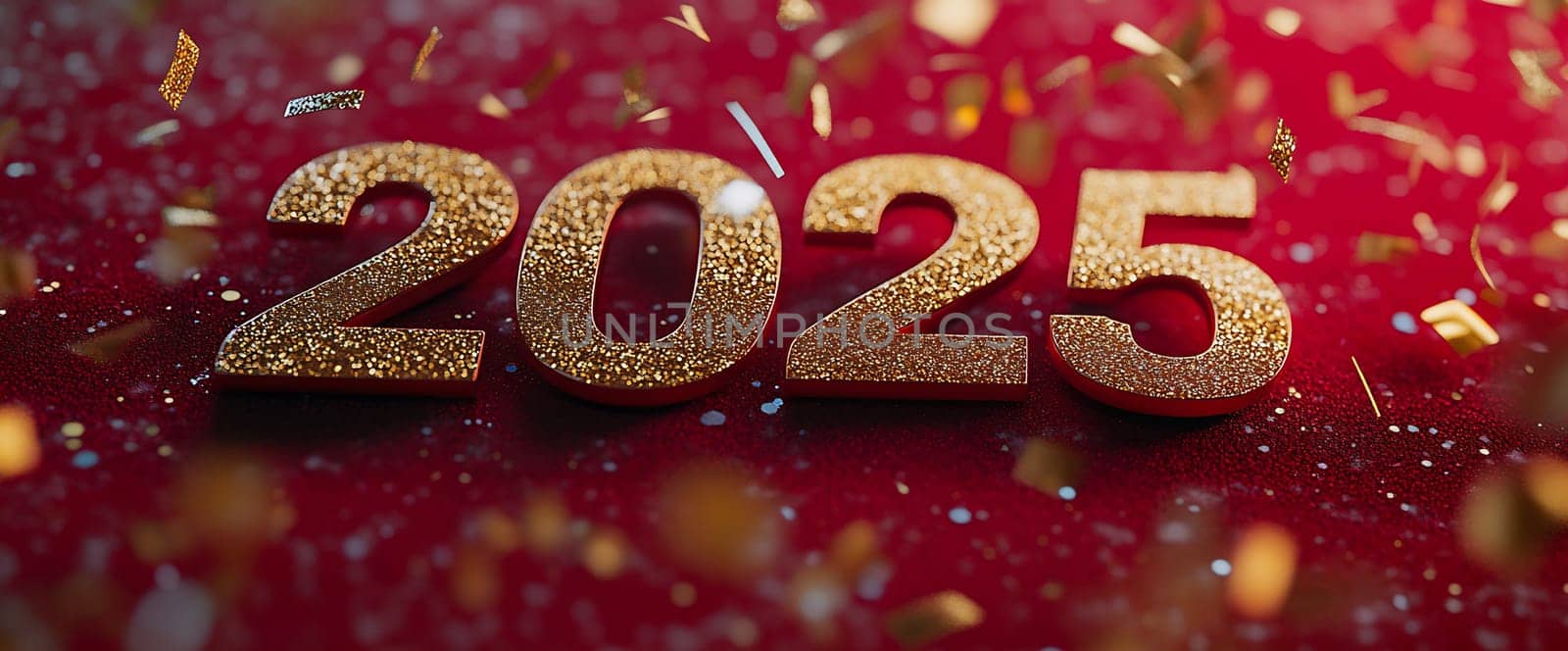 Golden numbers representing 2025 surrounded by sparkling confetti on a bright red surface create a festive atmosphere.