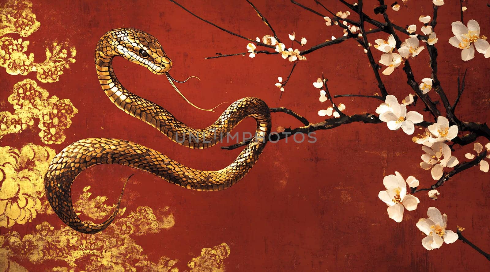 A golden snake gracefully coils around blossoming branches, set against a vivid red background, highlighting intricate details and artistry.