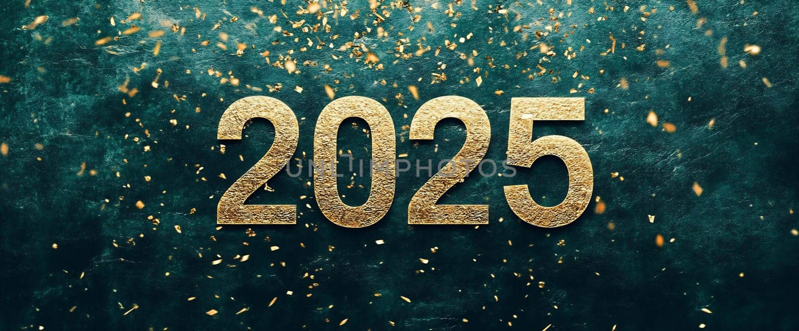 The bold, golden numbers 2025 are surrounded by sparkling confetti, set against a rich, dark background.