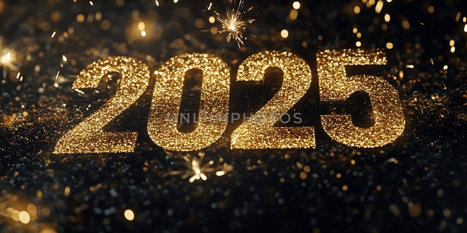 Glittering gold numbers indicate the arrival of New Year 2025, enhanced by vibrant sparks and festive atmosphere filled with excitement.