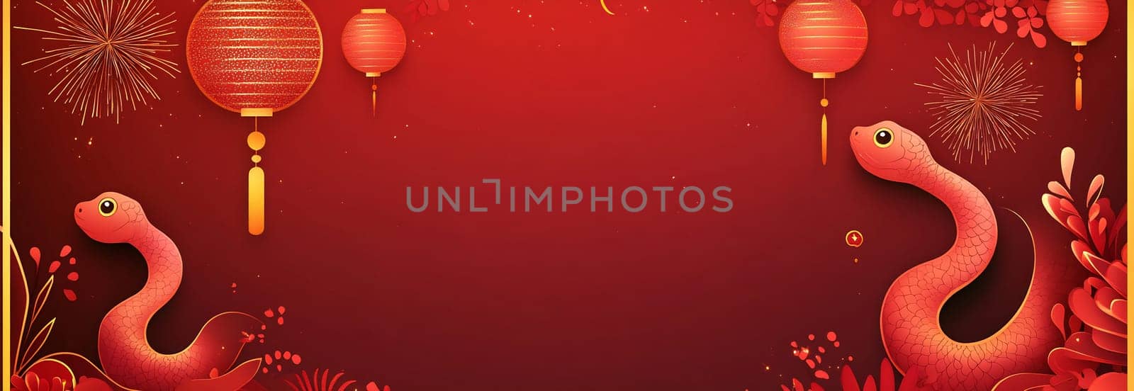 A vibrant red backdrop showcases ornamental snakes and lanterns, ideal for celebrating the Lunar New Year festival.
