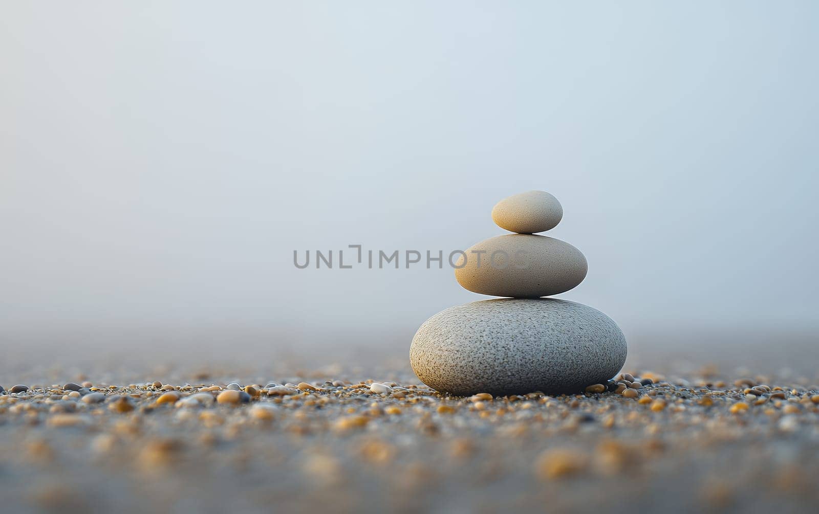 Three smooth pebbles stacked in perfect balance on a sandy beach, symbolizing harmony, meditation, and mindfulness against a soft, misty background.