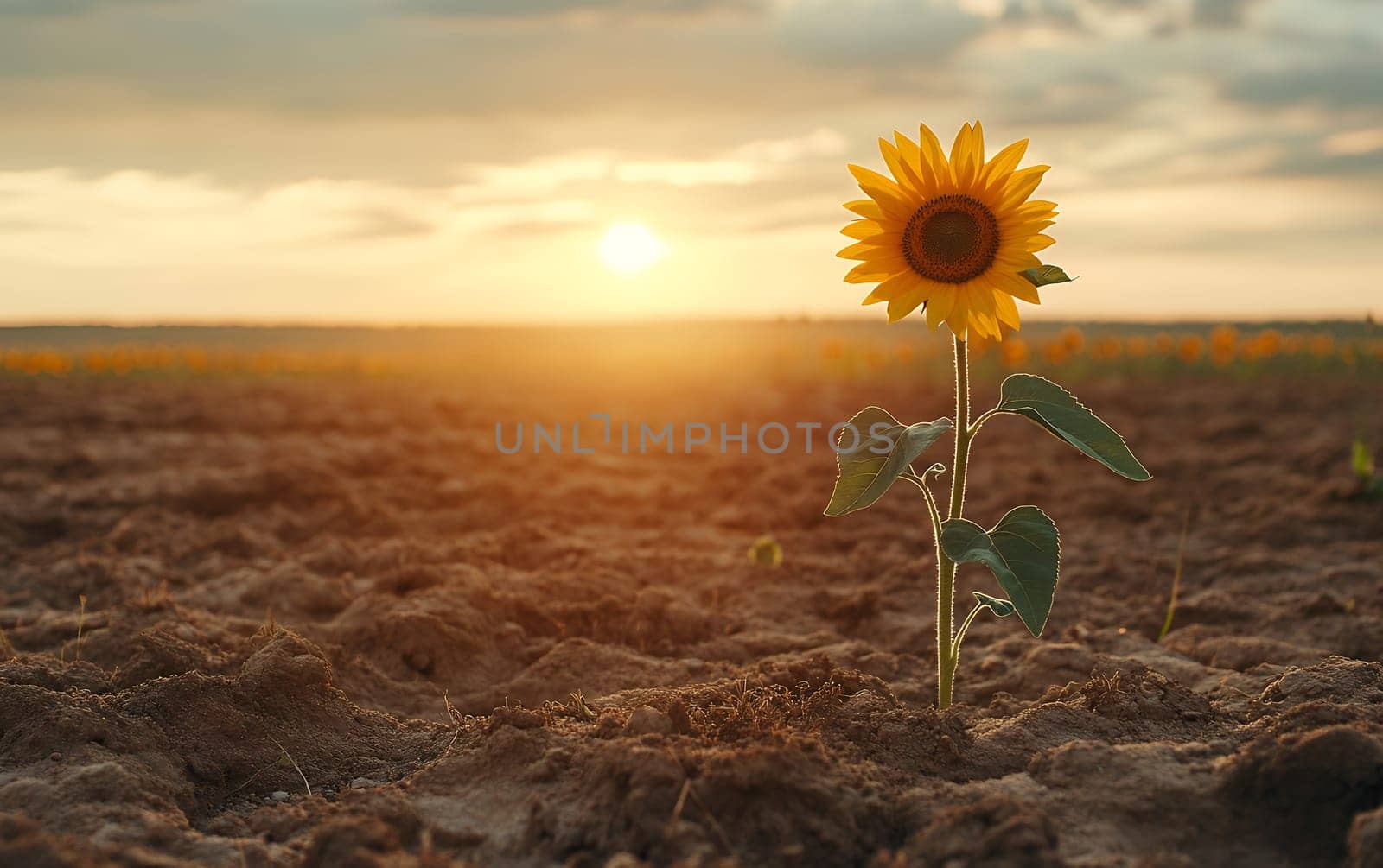 A single vibrant sunflower stands tall in a dry field, backlit by the warm glow of sunset, symbolizing resilience, hope, and natural beauty.