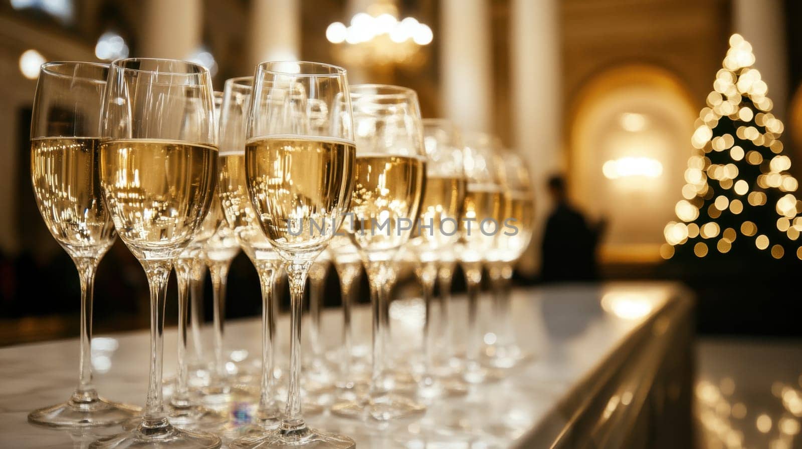 Elegant champagne flutes are lined up on a table creating a festive atmosphere with a decorated tree nearby perfect for celebrations.