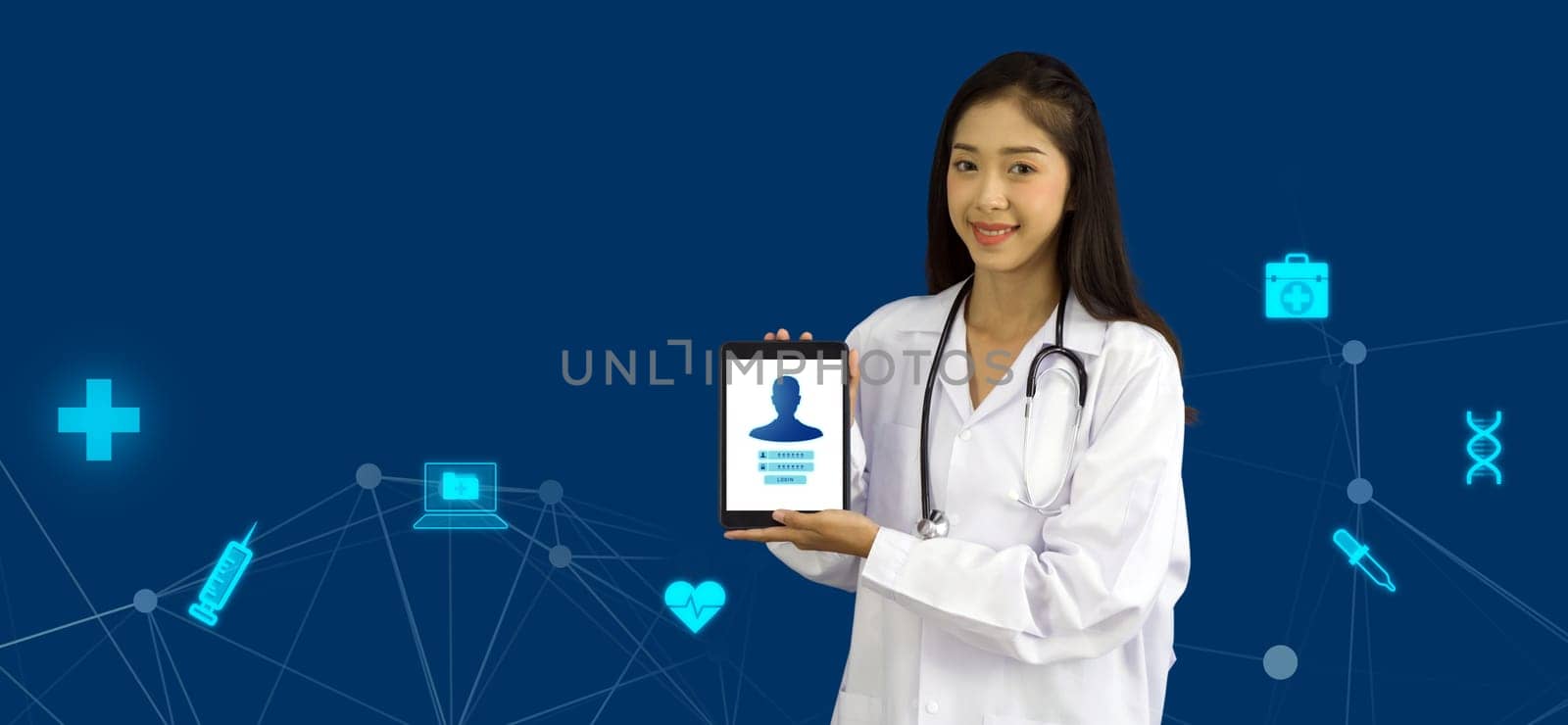 Young asian doctor in white gown and stethoscope holding tablet computer with user login page display on screen. Concept and idea for healthcare technology, innovation medicine, science and research.