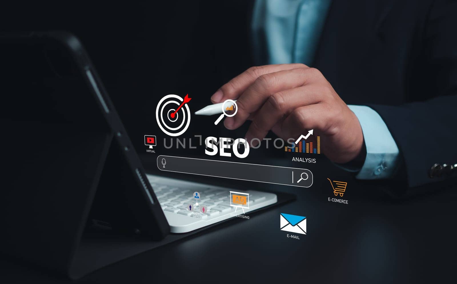 SEO, Marketing planning, Businessman use search engine to searching for information, Businessman search on virtual screen data search technology search engine optimization, Using web console for data.