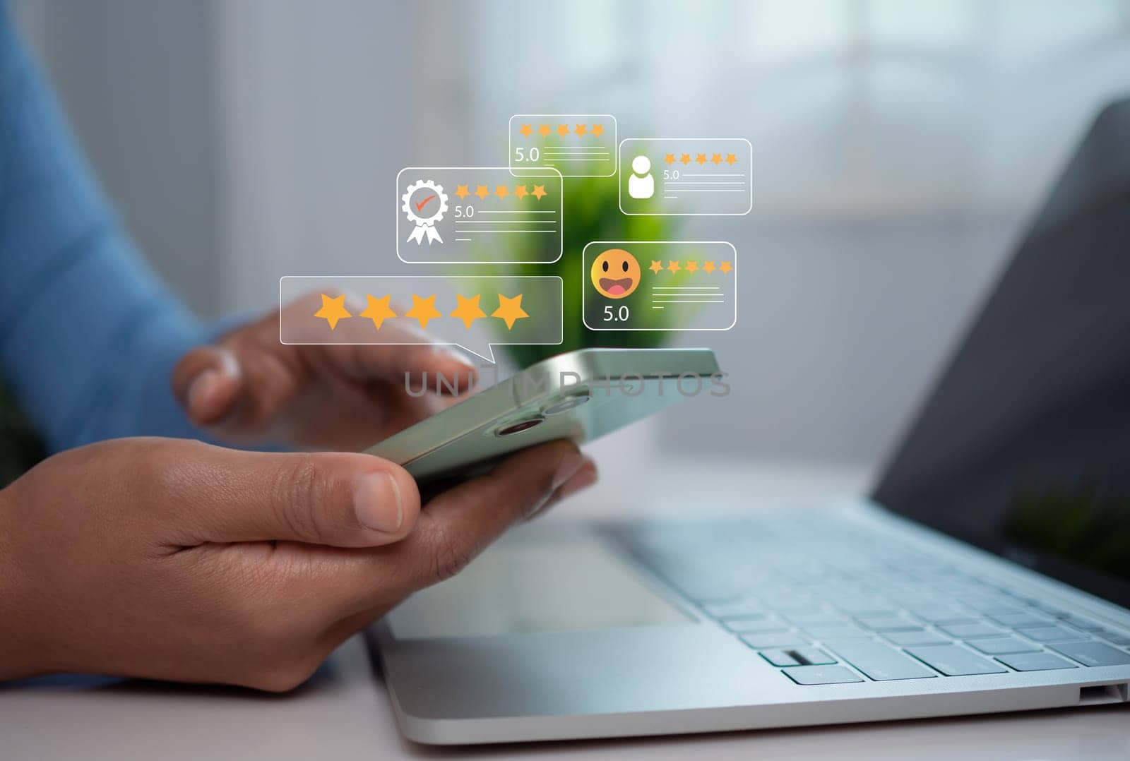 Woman holding smartphone ask customers about their service experience and Rating for a satisfaction survey, Evaluation of product service quality by customers, Positive customer feedback.