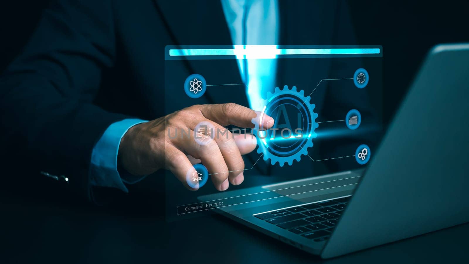 Concept of technology or using AI to help with work, Businessman showing modern technology on internet network AI technology in everyday life, Internet of Things, Artificial intelligence brain.