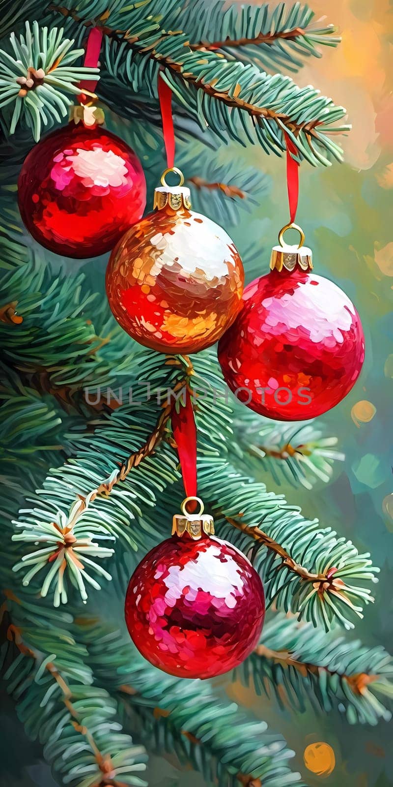 Colorful Christmas decorations adorn the branches of a spruce tree, vibrant balls in shades of red and pink, embodying holiday cheer in winter. Happy New Year art drawing background. Generative AI.