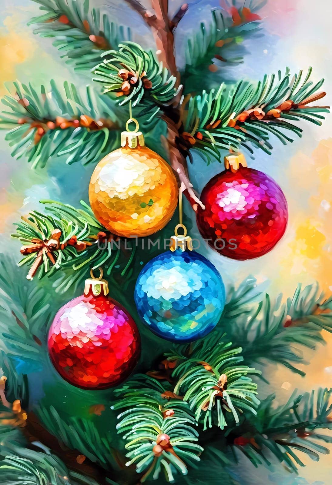 Colorful Christmas decorations adorn branches of a spruce tree, vibrant balls in shades of red, blue, golden and pink, embodying holiday cheer in winter. Happy New Year art background. Generative AI.