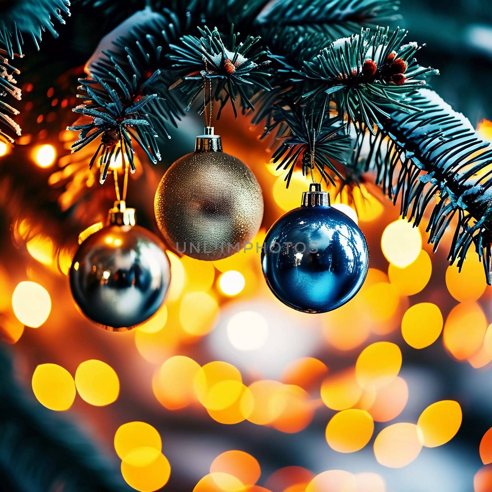 Sparkling ornament balls in vibrant blue hang from a lush spruce tree branch. Soft, warm lights twinkle enhancing festive spirit of Christmas. Happy New Year. Anamorphic bokeh. Generative AI.