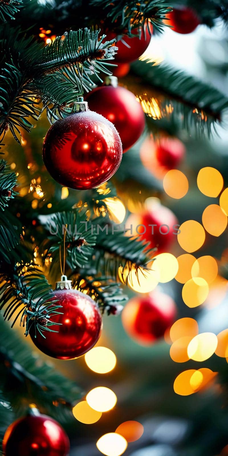 Sparkling ornament balls in vibrant red hang from a lush spruce tree branch. Soft, warm lights twinkle enhancing festive spirit of Christmas. Happy New Year. Anamorphic  bokeh. Generative AI.