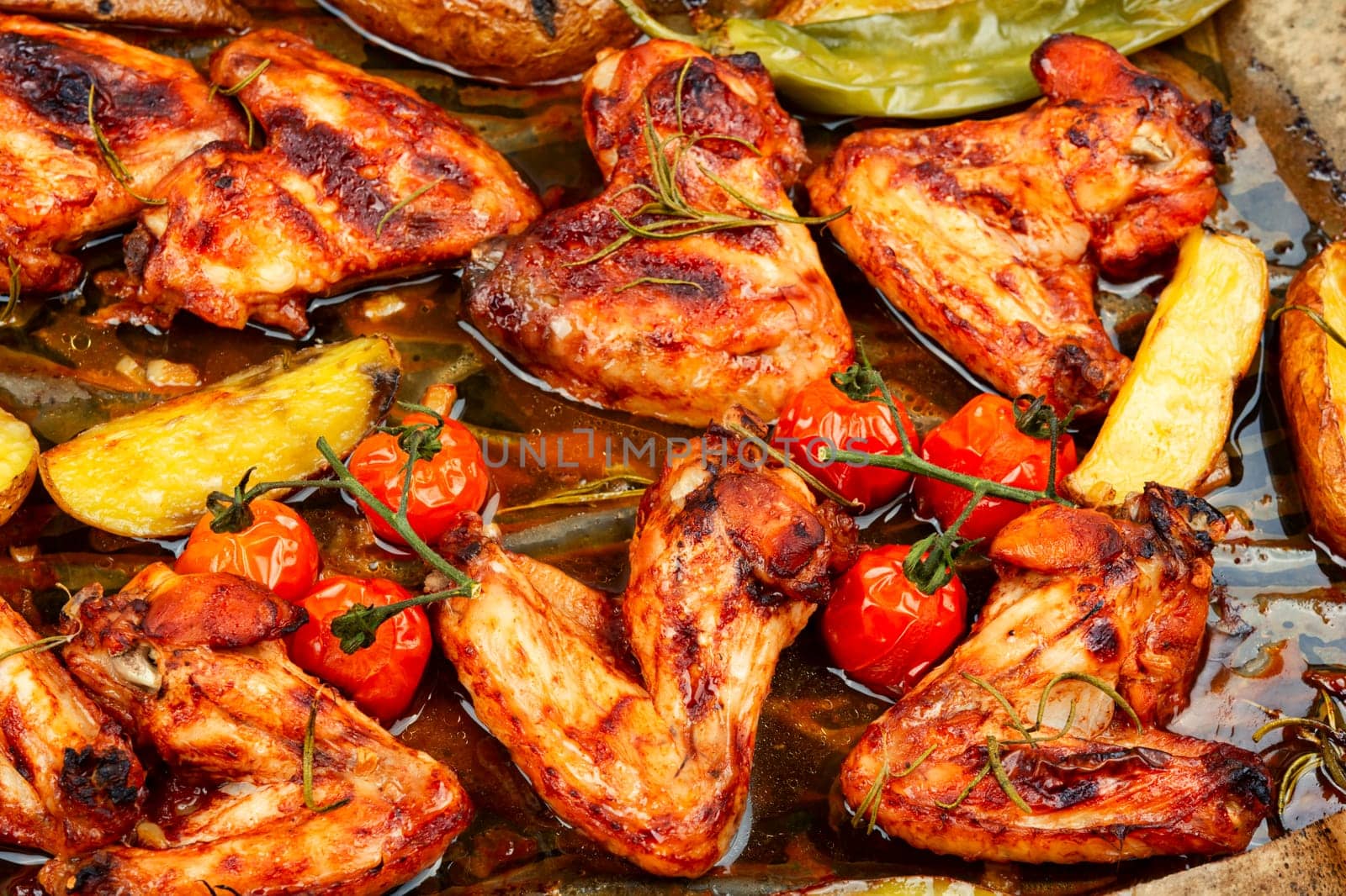 Roasted chicken wings and baked potatoes. BBQ.