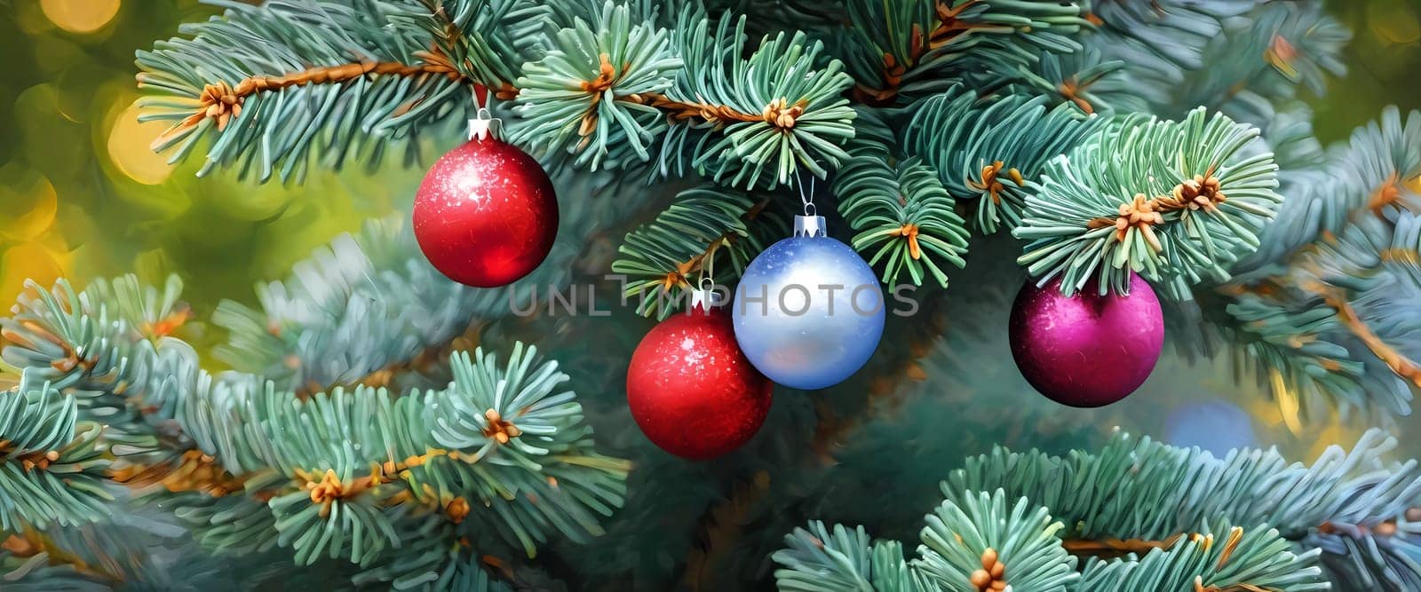 Sparkling ornament balls in vibrant red, pink, silver and blue hang from a lush spruce tree branch. Soft, warm lights twinkle enhancing festive spirit of Christmas. Happy New Year. Art drawing. AI.