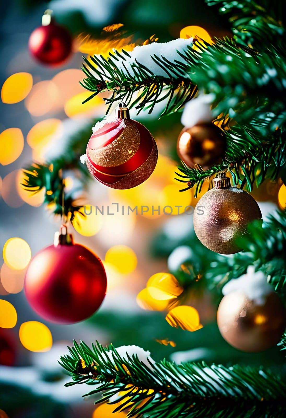 Sparkling ornament balls in vibrant red and gold hang from a lush spruce tree branch. Soft, warm lights twinkle enhancing festive spirit of Christmas. Happy New Year. Anamorphic  bokeh. Generative AI.