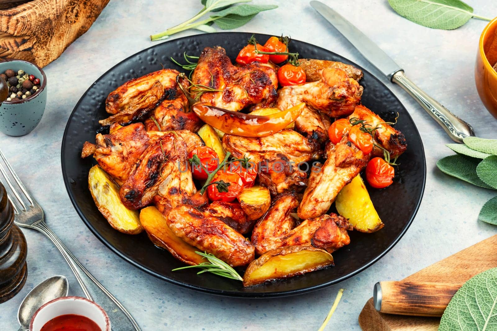 Roasted chicken wings and baked potatoes. BBQ.