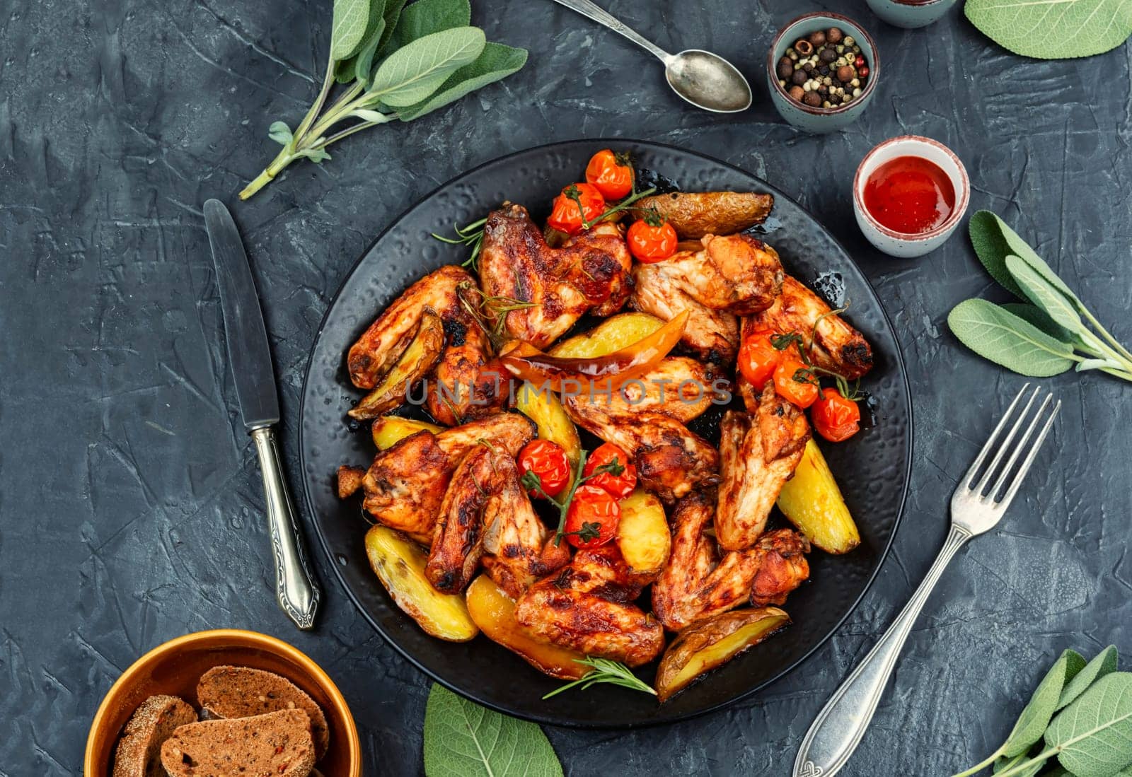 Roasted chicken wings and baked potatoes. BBQ.