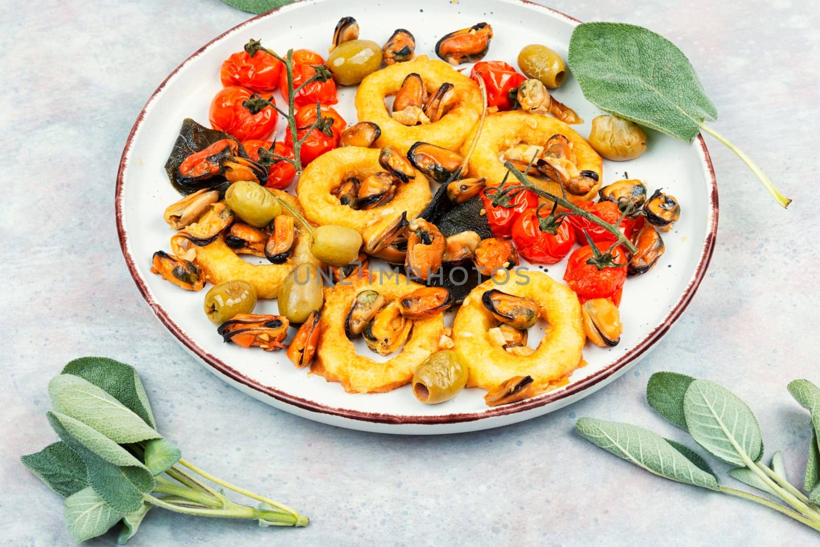 Gourmet steamed mussels with sage herb and deep fried squid rings. Roasted mixed seafood.