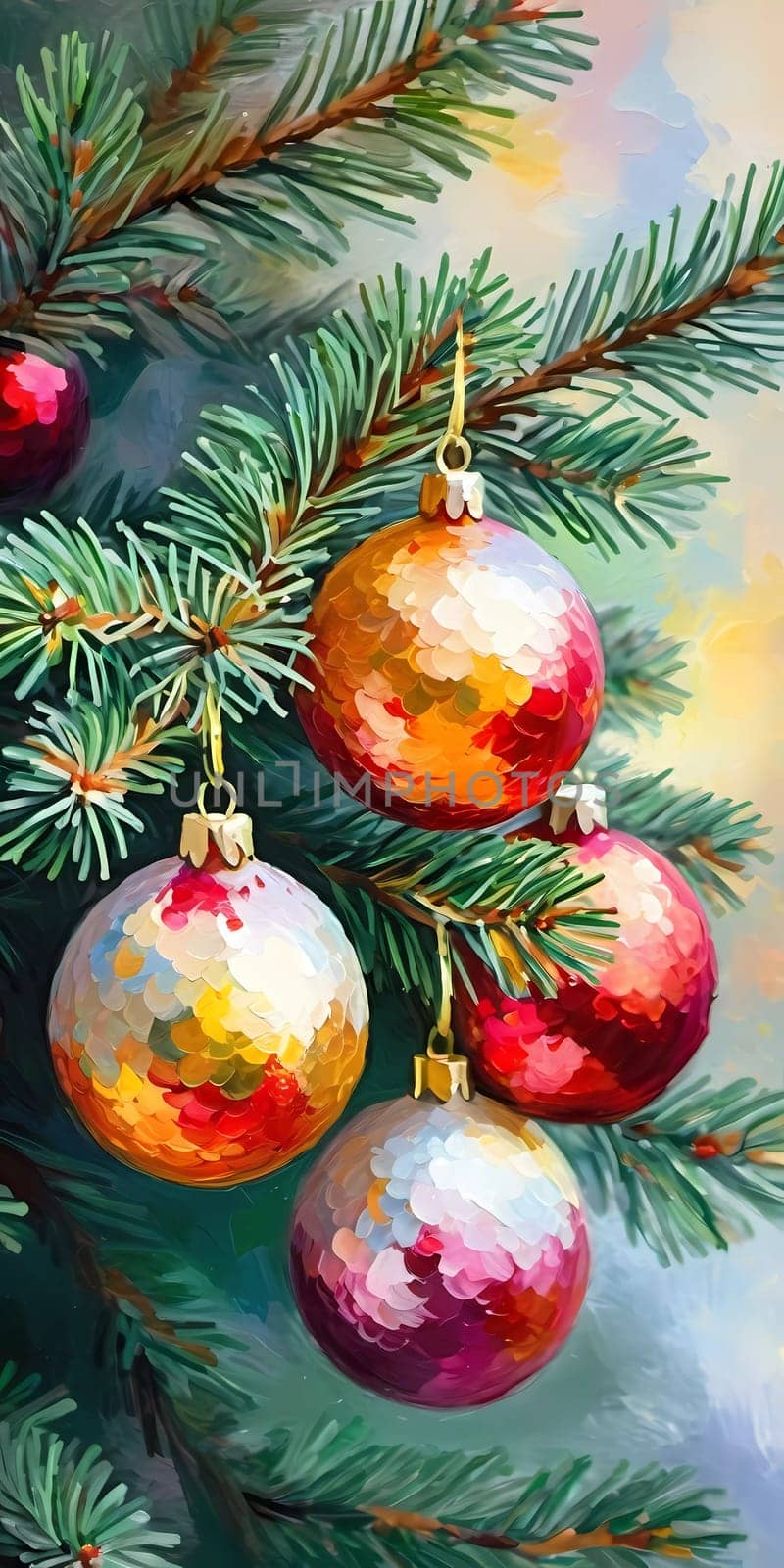 Sparkling ornament balls in vibrant red and gold hang from a lush spruce tree branch. Soft, warm lights twinkle enhancing festive spirit of Christmas. Happy New Year. Art drawing. Generative AI.