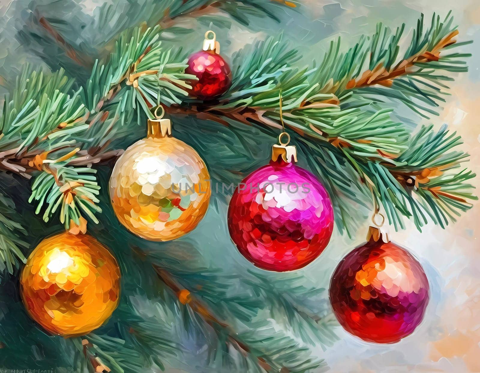 Sparkling ornament balls in vibrant red and gold hang from a lush spruce tree branch. Soft, warm lights twinkle enhancing festive spirit of Christmas. Happy New Year. Art drawing. Generative AI.