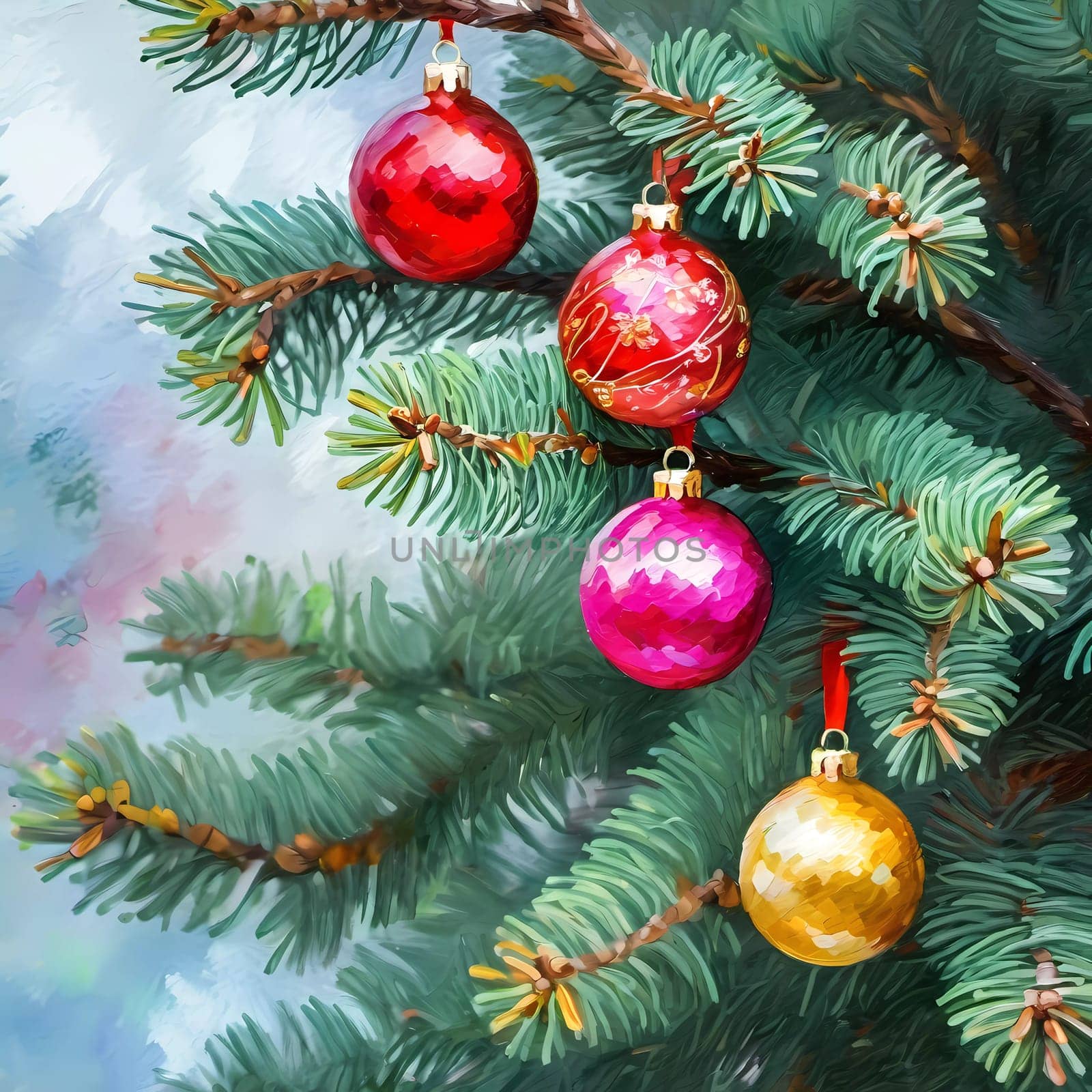 Sparkling ornament balls in vibrant red and gold hang from a lush spruce tree branch. Soft, warm lights twinkle enhancing festive spirit of Christmas. Happy New Year. Art drawing. Generative AI.