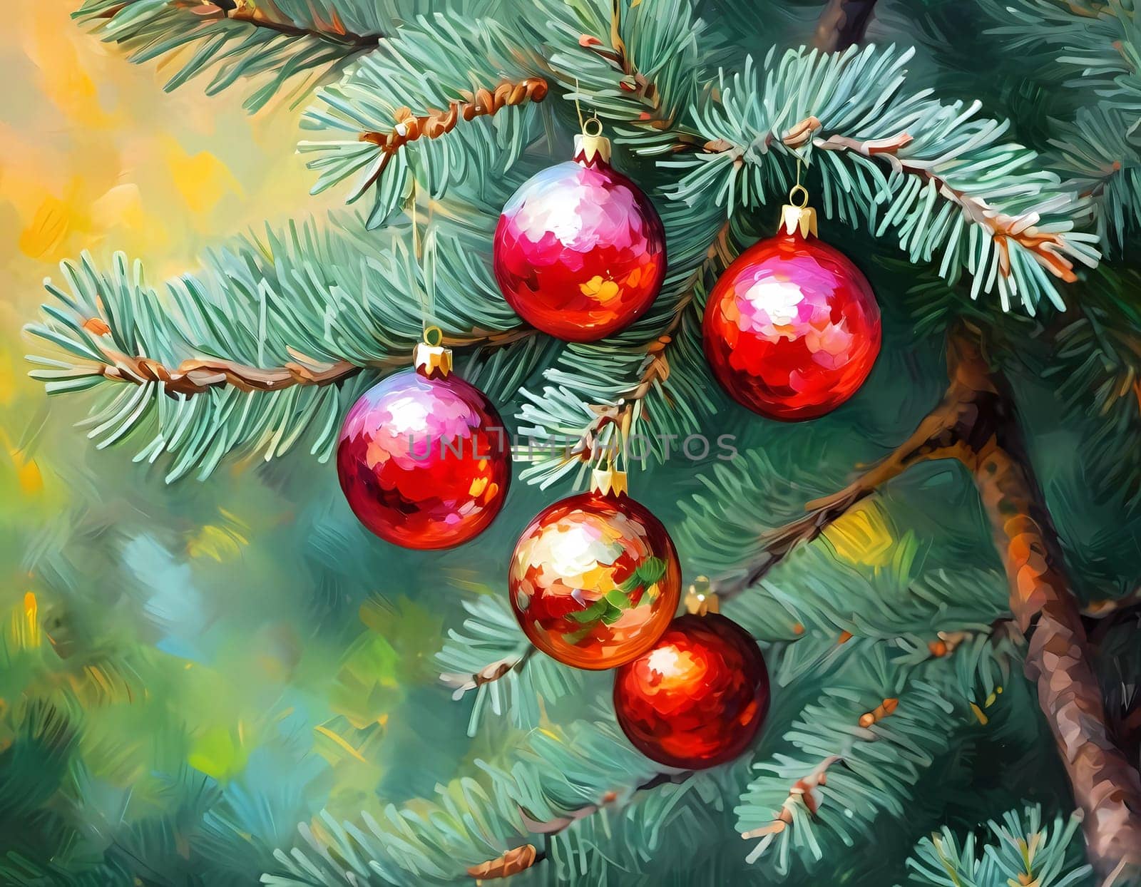 Sparkling ornament balls in vibrant red and gold hang from a lush spruce tree branch. Soft, warm lights twinkle enhancing festive spirit of Christmas. Happy New Year. Art drawing. Generative AI.