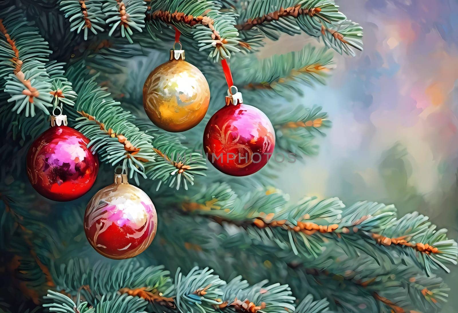 Sparkling ornament balls in vibrant red and gold hang from a lush spruce tree branch. Soft, warm lights twinkle enhancing festive spirit of Christmas. Happy New Year. Art drawing. Generative AI.