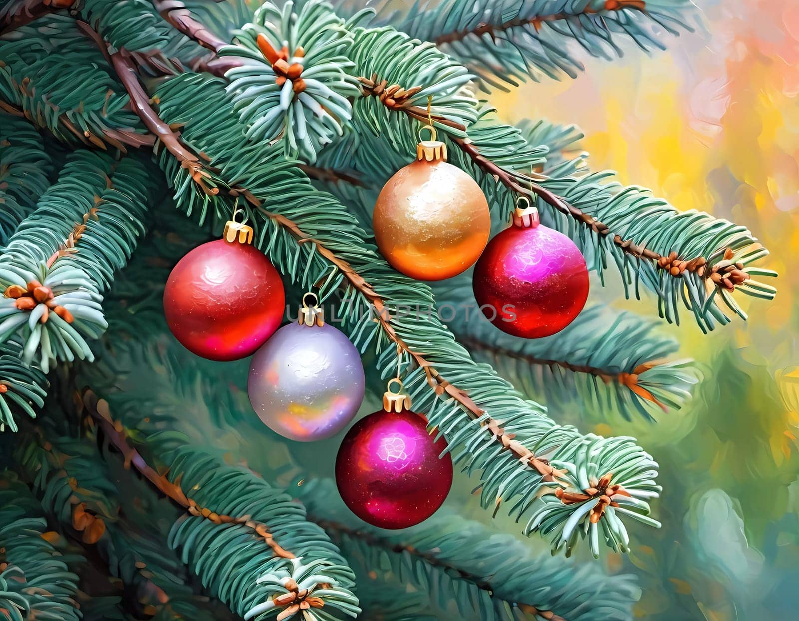 Sparkling ornament balls in vibrant red, silver and golden hang from a lush spruce tree branch. Soft, warm lights twinkle enhancing festive spirit of Christmas. Happy New Year. Art drawing. AI.