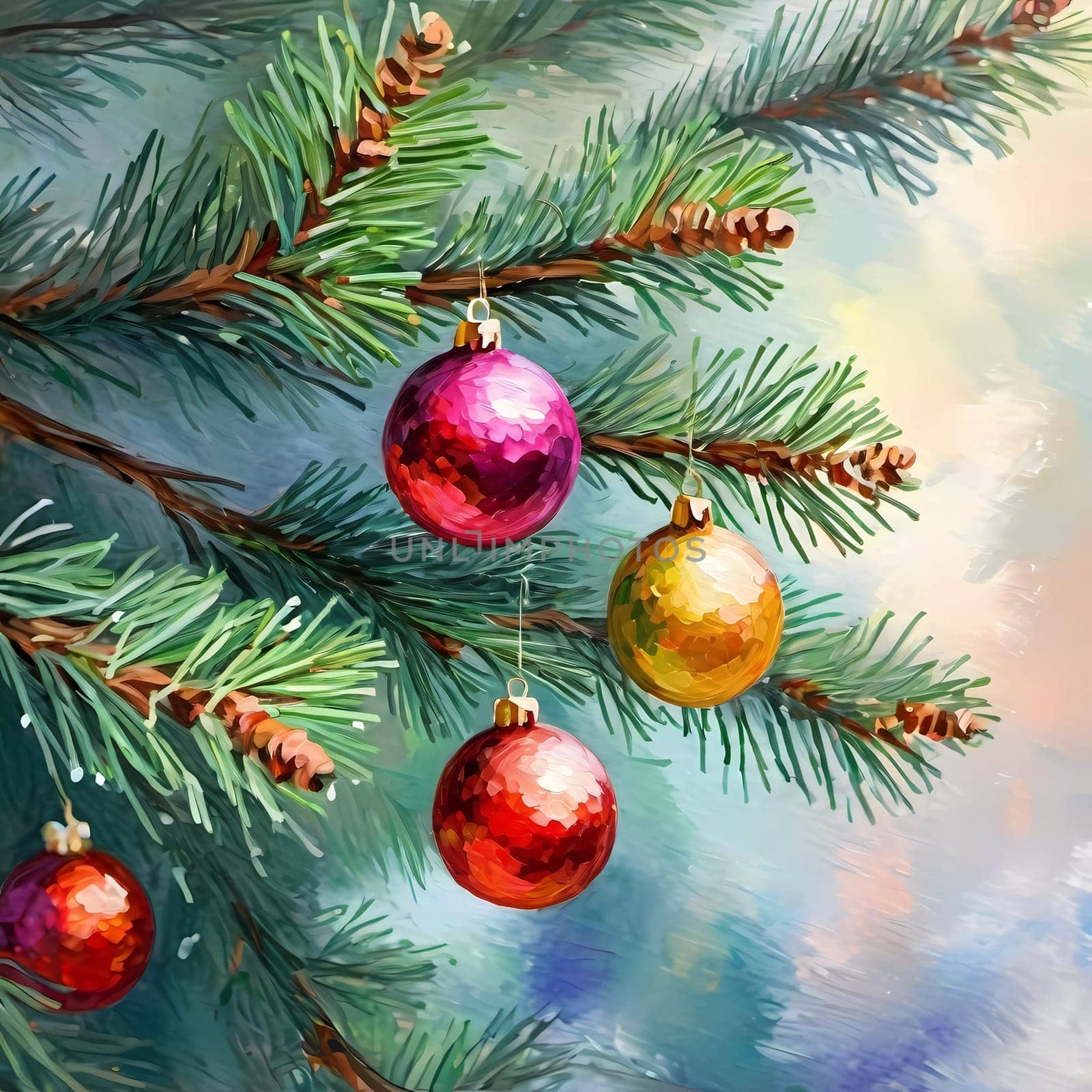 Sparkling ornament balls in vibrant red and gold hang from a lush spruce tree branch. Soft, warm lights twinkle enhancing festive spirit of Christmas. Happy New Year. Art drawing. Generative AI.