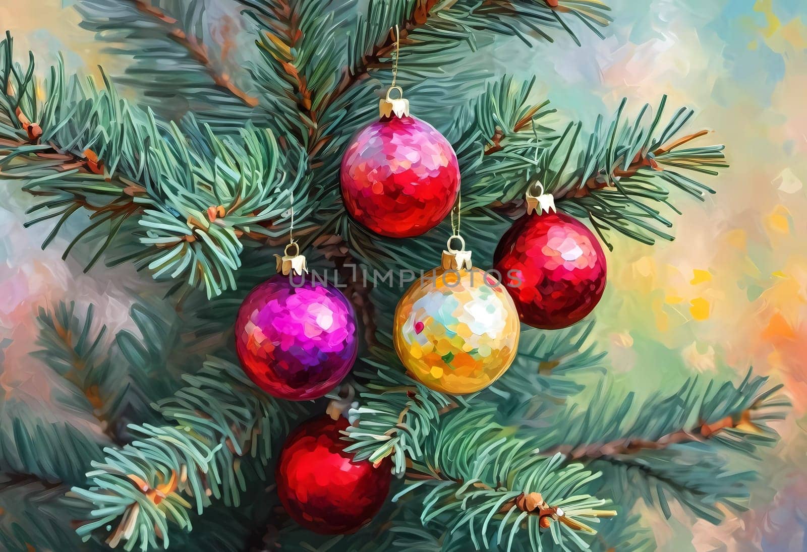 Sparkling ornament balls in vibrant red and gold hang from a lush spruce tree branch. Soft, warm lights twinkle enhancing festive spirit of Christmas. Happy New Year. Art drawing. Generative AI.