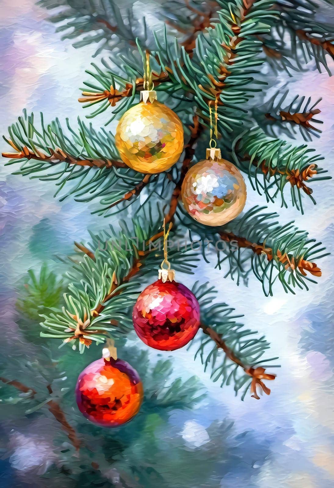 Sparkling ornament balls in vibrant red and gold hang from a lush spruce tree branch. Soft, warm lights twinkle enhancing festive spirit of Christmas. Happy New Year. Art drawing. Generative AI.